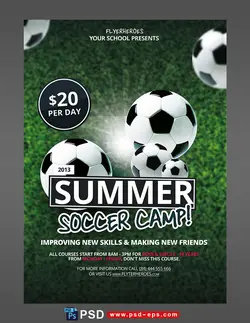 تراکت یا پوستر لایه باز تصاویر توپ های فوتبال جهت کمپ و آموزش فوتبال یا مسابقات و لیگ فوتبال و مدارس فوتبال با تصویر زمین چمن و توپ فوتبال