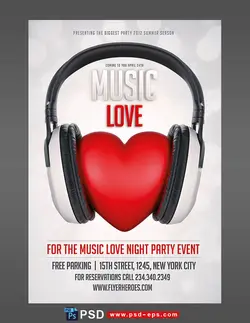 تراکت یا پوستر لایه باز تبلیغاتی مفهوم کنسرت و اجرای موزیک زنده با تصویر قلب فانتزی و هدفون مناسب برای دی جی ها برگزار کننده مراسمات و کنسرت ها