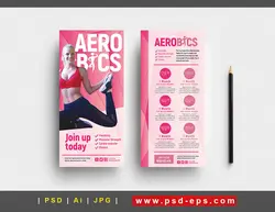 بروشور یک لت لایه باز تبلیغاتی باشگاه های ورزشی و بدنسازی اعم از ایروبیک ، پیلاتس ، یوگا ، تی آر ایکس ، زومبا و کار با وسایل ورزشی با زمینه صورتی مناسب برای باشگاه های زنانه