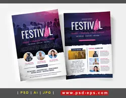 تراکت لایه باز تبلیغاتی فستیوال ، جشنواره ، رویدادهای فرهنگی و هنری (نمایش و یا بررسی فیلم ) و یا کنسرت و جشن های موسیقی اعم از راک ، پاپ ، جاز ، متال یا دانلود پوستر لایه باز فستیوال موسیقی،غذا،لایف استایل و نوشیدنی با زمینه سفید و فیلتر با تم رنگی بنفش