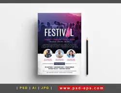 تراکت لایه باز تبلیغاتی فستیوال ، جشنواره ، رویدادهای فرهنگی و هنری (نمایش و یا بررسی فیلم ) و یا کنسرت و جشن های موسیقی اعم از راک ، پاپ ، جاز ، متال یا دانلود پوستر لایه باز فستیوال موسیقی،غذا،لایف استایل و نوشیدنی با زمینه سفید و فیلتر با تم رنگی بنفش