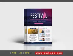 تراکت لایه باز تبلیغاتی فستیوال ، جشنواره ، رویدادهای فرهنگی و هنری (نمایش و یا بررسی فیلم ) و یا کنسرت و جشن های موسیقی اعم از راک ، پاپ ، جاز ، متال یا دانلود پوستر لایه باز فستیوال موسیقی،غذا،لایف استایل و نوشیدنی با زمینه سفید و فیلتر با تم رنگی بنفش