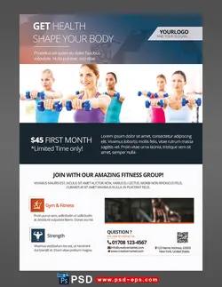 تراکت یا پوستر لایه باز باشگاه ورزشی و کلاس های ورزشی بانوان از جمله فیتنس ، تی آر ایکس ، پیلاتس ، ایروبیک و زومبا با زمینه سفید و بانوان در حال ورزش