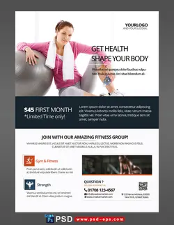 تراکت یا پوستر لایه باز باشگاه ورزشی و تناسب اندام و کلاس های ورزشی بانوان با تصویر زنی با لباس ورزشی و تکیه داده به توپ پیلاتس و زمینه سفید