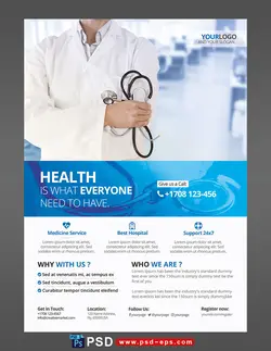 پوستر لایه باز با مفهوم پزشک خانواده و سلامتی برای همه با تصویر پزشک با استتوسکوپ در دست یا گوشی پزشکی و روپوش سفید و زمینه سفید و آبی