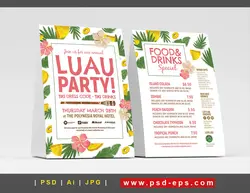 تراکت لایه باز تبلیغاتی رستوران ها ، کافی شاپ ها و جشن ها با منوی غذاها و نوشیدنی ها با زمینه سفید و طراحی فانتزی اسلایس های آناناس و گل های صورتی