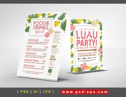 تراکت لایه باز تبلیغاتی رستوران ها ، کافی شاپ ها و جشن ها با منوی غذاها و نوشیدنی ها با زمینه سفید و طراحی فانتزی اسلایس های آناناس و گل های صورتی