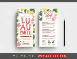 بروشور یک لت لایه باز تبلیغاتی رستوران ها ، کافی شاپ ها و جشن ها با منوی غذاها و نوشیدنی ها یا دانلود بروشور یک لت لایه باز کافی شاپ با زمینه سفید و طرح فانتزی اسلایس های آناناس و گل های زیبا