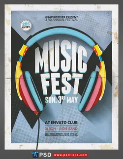 پوستر لایه باز تبلیغاتی برگزاری کنسرت موسیقی های مختلف پاپ ، جاز ، راک ، متال و رپ با تصویر هدفون و زمینه قرمز و آبی با طراحی مدرن و زیبا و نیز مناسب برای دی جی های مراسمات