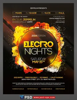 پوستر لایه باز تبلیغاتی برگزاری کنسرت های شبانه موسیقی های پاپ ، جاز ، راک ، متال و رپ با تصاویر شعله های آتش و فشفشه ها و نیز زمینه به رنگ مشکی و طلایی همچنین مناسب برای دی جی های مراسمات مختلف