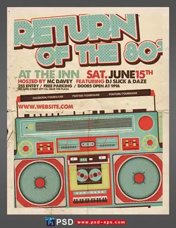 پوستر لایه باز تبلیغاتی برگزاری گویندگی زنده رادیو یا کنسرت موسیقی های سنتی و پاپ با تصویر رادیو یا ضبط صوت با طراحی فانتزی و زمینه صورتی کمرنگ