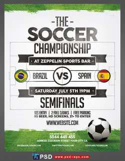 پوستر لایه باز تبلیغاتی مسابقات قهرمانی فوتبال با اطلاعات تیم های ورزشی و تاریخ و زمان برگزاری مسابقه یا دانلود پوستر لایه باز ورزشی مناسب برای کلاس های فوتبال و مدارس فوتبال با زمینه سفید و زمین فوتبال و توپ فوتبال