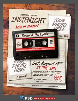 پوستر لایه باز تبلیغاتی کنسرت های زنده پاپ یا موسیقی سنتی با تصویر نوار ضبط صوت یا کاست ضبط صوت با زمینه چوبی و طراحی فانتزی