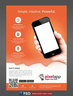 پوستر لایه باز تبلیغاتی فروش ، تعمیرات موبایل ، قطعات ، تجهیزات و ملحقات با زمینه نارنجی یا پوستر رونمایی از اپلیکیشن