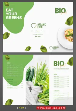 بروشور سه لت لایه باز تبلیغاتی کاشت و استفاده از محصولات ارگانیک یا رستوران های غذاهای رژیمی