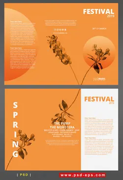 تراکت لایه باز تبلیغاتی فستیوال های فرهنگی، هنری، یا علمی با رنگ نارنجی و تصویر گرافیکی گل یا دانلود بروشور سه لتی لایه باز فستیوال بهاره
