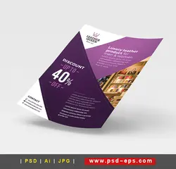 پوستر لایه باز محصولات لاکچری چرمی از جمله کیف و کفش و کاپشن و انواع لباس با رنگ بنفش یا دانلود تراکت لایه باز فروش محصولات چرمی زنانه با تخفیف ویژه