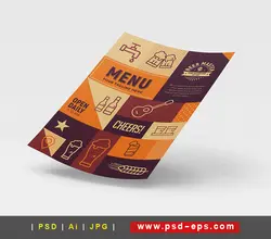 بروشور یا پوستر لایه باز منوی رستوران ، کافی شاپ ، آبمیوه و بستنی فروشی با رنگ نارنجی قهوه ای به همراه آیکون های زیبا