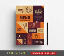 بروشور یا پوستر لایه باز منوی رستوران ، کافی شاپ ، آبمیوه و بستنی فروشی با رنگ نارنجی قهوه ای به همراه آیکون های زیبا