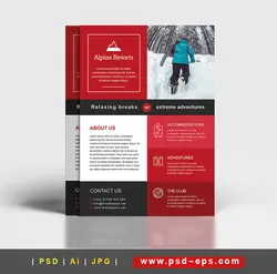 پوستر یا تراکت به همراه کارت ویزیت لایه باز ورزش کوهپیمایی ، وسایل و تجهیزات کوهپیمایی با زمینه قرمز و سیاه و سفید