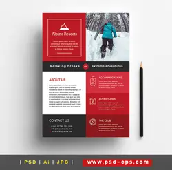 پوستر یا تراکت به همراه کارت ویزیت لایه باز ورزش کوهپیمایی ، وسایل و تجهیزات کوهپیمایی با زمینه قرمز و سیاه و سفید