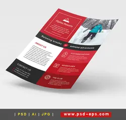 پوستر یا تراکت به همراه کارت ویزیت لایه باز ورزش کوهپیمایی ، وسایل و تجهیزات کوهپیمایی با زمینه قرمز و سیاه و سفید