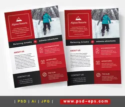 پوستر یا تراکت به همراه کارت ویزیت لایه باز ورزش کوهپیمایی ، وسایل و تجهیزات کوهپیمایی با زمینه قرمز و سیاه و سفید