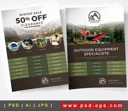 تراکت یا پوستر لایه باز تبلیغاتی فروش وسایل و تجهیزات تفریح در خارج از منزل از جمله چادر مسافرتی ، کوله پشتی و... یا دانلود پوستر لایه باز تخفیفات زمستانه