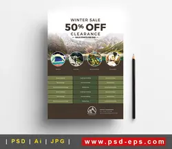 تراکت یا پوستر لایه باز تبلیغاتی فروش وسایل و تجهیزات تفریح در خارج از منزل از جمله چادر مسافرتی ، کوله پشتی و... یا دانلود پوستر لایه باز تخفیفات زمستانه