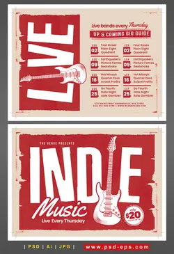 تراکت لایه باز تبلیغاتی کنسرت موسیقی اجرای زنده با تصویر گیتار و طراحی فانتزی و رنگ غالب قرمز و سفید