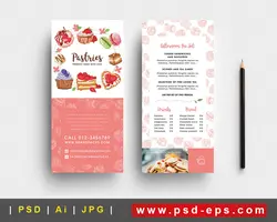 بروشور یک لت لایه باز تبلیغاتی انواع کیک و شیرینی های خانگی و فروشگاهی با زمینه سفید و صورتی پاستیلی با طراحی فانتزی