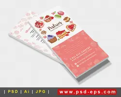 بروشور یک لت لایه باز تبلیغاتی انواع کیک و شیرینی های خانگی و فروشگاهی با زمینه سفید و صورتی پاستیلی با طراحی فانتزی