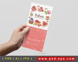 بروشور یک لت لایه باز تبلیغاتی انواع کیک و شیرینی های خانگی و فروشگاهی با زمینه سفید و صورتی پاستیلی با طراحی فانتزی