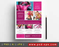 پوستر لایه باز تبلیغاتی ورزش و سلامتی با تصاویر بانوان بدنساز و ورزشکار و وسایل ورزشی به رنگ غالب صورتی یا دانلود تراکت یا پوستر لایه باز باشگاه بدنسازی بانوان