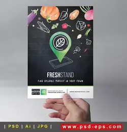 تراکت یا پوستر لایه باز تبلیغاتی صیفی جات تازه مخصوص شرکت های صادر کننده صیفی جات یا تراکت لایه باز معرفی اپلیکیشین غرفه مناسب برای یافتن میوه فروشی های نزدیک با زمینه تخته سیاه و آیکون سیفی جات و سبزیجات  و لوکیشن و موبایل