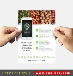 تراکت یا پوستر لایه باز تبلیغاتی صیفی جات تازه مخصوص شرکت های صادر کننده صیفی جات یا تراکت لایه باز معرفی اپلیکیشین غرفه مناسب برای یافتن میوه فروشی های نزدیک با زمینه تخته سیاه و آیکون سیفی جات و سبزیجات  و لوکیشن و موبایل