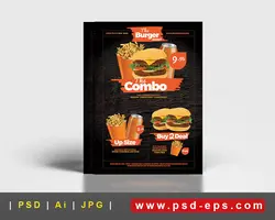 پوستر یا تراکت لایه باز ساندویچ فروشی با انواع فست فود ، ساندویچ برگر ، سوسیس ، کالباس و سیب زمینی با زمینه سیاه و نارنجی و طرح چوب