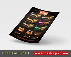 پوستر یا تراکت لایه باز ساندویچ فروشی با انواع فست فود ، ساندویچ برگر ، سوسیس ، کالباس و سیب زمینی با زمینه سیاه و نارنجی و طرح چوب