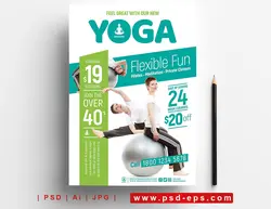 تراکت یا پوستر لایه باز تبلیغاتی ورزش یوگا یا پیلاتس با تصویر ورزشکار در حال انجام حرکات ورزشی با توپ با زمینه سفید و سبز و سبز آبی