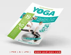 تراکت یا پوستر لایه باز تبلیغاتی ورزش یوگا یا پیلاتس با تصویر ورزشکار در حال انجام حرکات ورزشی با توپ با زمینه سفید و سبز و سبز آبی