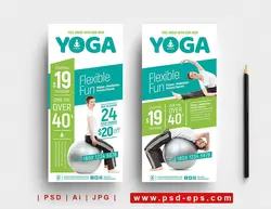 بروشور یک لت لایه باز تبلیغاتی ورزش یوگا یا پیلاتس با تصویر ورزشکار در حال انجام حرکات ورزشی با توپ با زمینه سفید و سبز و سبزآبی یا دانلود پوستر یا تراکت لایه باز ورزشی