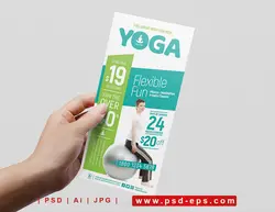 بروشور یک لت لایه باز تبلیغاتی ورزش یوگا یا پیلاتس با تصویر ورزشکار در حال انجام حرکات ورزشی با توپ با زمینه سفید و سبز و سبزآبی یا دانلود پوستر یا تراکت لایه باز ورزشی