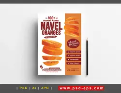 پوستر لایه باز تبلیغاتی پرتقال اعلا و درجه یک با تصویر حلقه های پرتقال و زمینه سفید و نارنجی مناسب برای میوه فروشی ها و میدان های تره بار