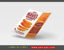 پوستر لایه باز تبلیغاتی پرتقال اعلا و درجه یک با تصویر حلقه های پرتقال و زمینه سفید و نارنجی مناسب برای میوه فروشی ها و میدان های تره بار