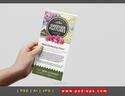 بروشور یک لت لایه باز تبلیغاتی فضای سبز یا مراتع سبز و کاشت گل و گیاهان تزئینی یا دانلود تراکت باغبانی لایه باز با تصاویر گلهای زیبا