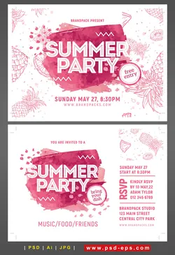 تراکت لایه باز جشن های تابستانه مخصوص کودکان و نوجوانان و موسسات آموزشی کلاس های تابستانی با طرح فانتزی میوه های آناناس و اسلایس های آناناس با رنگ صورتی و زمینه سفید