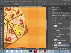 طرح لایه باز کارت ویزیت فست فود قابل ویرایش در نرم افزار فتوشاپ با زمینه چهار خونه با طیف رنگی زرد و نارنجی و تصاویر فانتزی پیتزا و محتویات آن و کاتر پیتزا