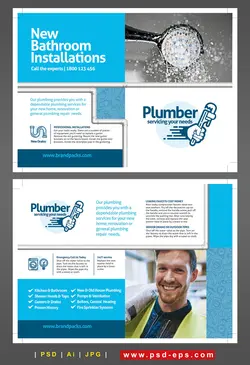 تراکت یا پوستر لایه باز تبلیغاتی لوله کش یا لوله کشی یا فروش ابزار و وسایل آبرسانی و لوله کشی ساختمان و تصویر دوش آب و زمینه آبی و سفید