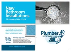 تراکت یا پوستر لایه باز تبلیغاتی لوله کش یا لوله کشی یا فروش ابزار و وسایل آبرسانی و لوله کشی ساختمان و تصویر دوش آب و زمینه آبی و سفید