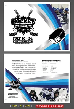 تراکت یا پوستر لایه باز تبلیغاتی هاکی با تصویر تیم هاکی و چوب ها و توپ هاکی با زمینه سفید و طیفی از رنگ آبی و خاکستری